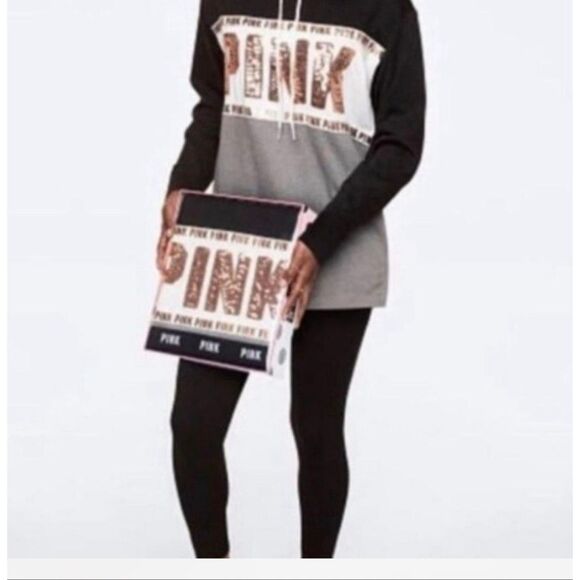 VS PINK Bling Hoodie Pullover -size Medium black gold bling sequin - Picture 1 of 7